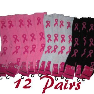 12 Pair Breast Cancer Awareness Pink Ribbon Crew Socks Shoe Size 4-10